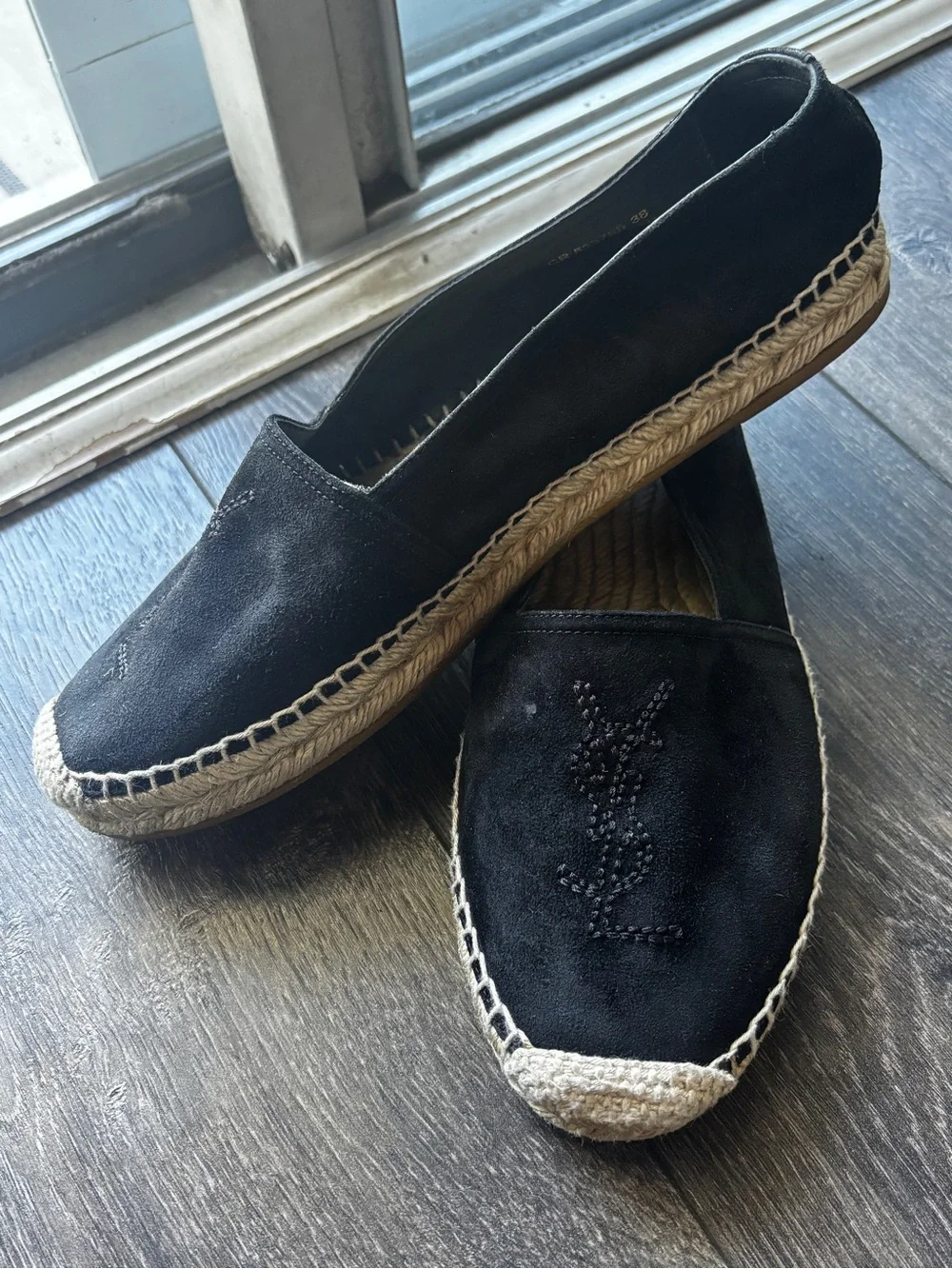 Yves Saint Laurent Black Suede Espadrille Flats with Beaded Logo 38